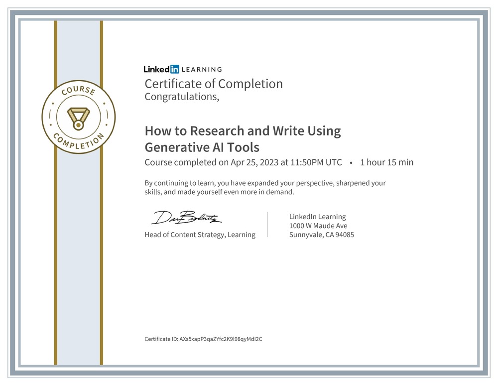 My Certificate Of Completionof How to Research and Write Using Generative AI Tools