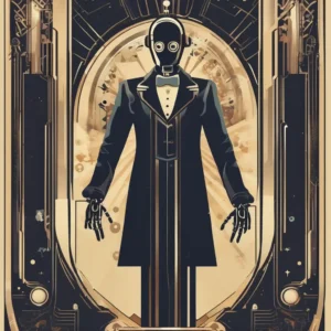 An art deco style poster where a humanoid machine is performing a magic trick