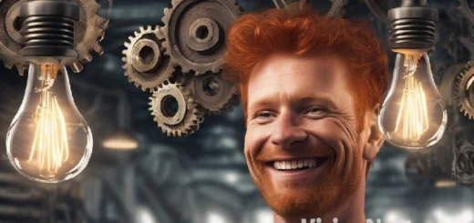 Image created with StableDiffusionXL - A smiling, happy, redhead man in his 40s who has lightbulbs circulating around his head and in the background there is an industrial-looking machine with cogwheels