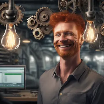 Image created with StableDiffusionXL - A smiling, happy, redhead man in his 40s who has lightbulbs circulating around his head and in the background there is an industrial-looking machine with cogwheels
